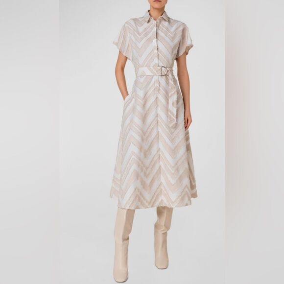 Akris Punto Womens Size 12 Beige Fringed Zigzag Jacquard Midi Dress Belted Waist - Picture 1 of 16